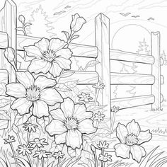 a coloring page with flowers in the foreground and a wooden fence in the background