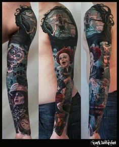 three different views of a man's arm with tattoos on it and an image of the