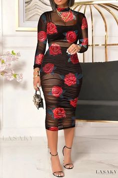 Lasaky - Stylish Red Patchwork Sheer Dress Ensemble for Women - Three-Piece Fashionable Print Collection Sheer Mesh Bodycon Dress, Red Bodycon Dress, Crop Top And Shorts, Stylish Plus, Dresses Vintage, Patchwork Dress, Hip Dress, Sheer Dress, Three Piece