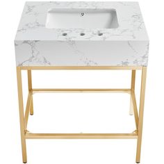 a white marble sink sitting on top of a gold stand with two faucets