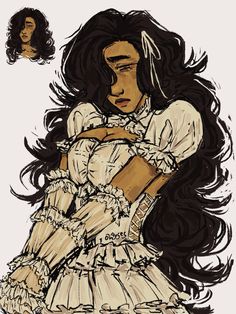 a drawing of a woman with long black hair wearing a white dress and holding her hands on her chest