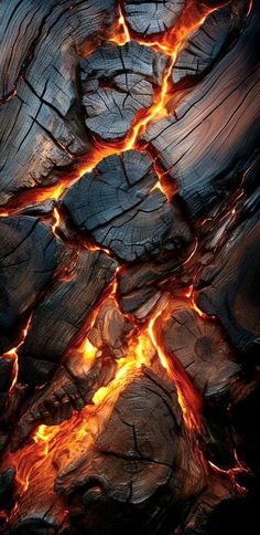 an image of fire and rocks in the dark night sky with bright orange flames coming from them