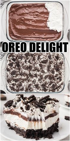 three different desserts with the words oreo delight written on them in black and white