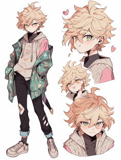 an anime character with blonde hair and green eyes, wearing black pants and a jacket