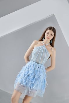 Women's Briana A-line Halter Neck Organza Mini Dress S/M/L/XL Blue MEAN BLVD Fitted Sleeveless Evening Dress With Feathers, Sleeveless Feather Evening Dress For Party, Sleeveless Feathered Evening Dress For Party, Elegant Gala Mini Dress With Feathers, Elegant Feathered Mini Dress For Gala, Formal Sleeveless Evening Dress With Feathers, Sleeveless Feathered Evening Dress For Gala, Blue Feathered Evening Dress, Blue Feather Evening Dress