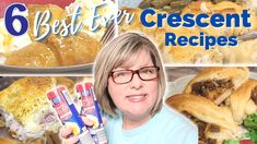 the woman is holding up her croissants in front of some other food