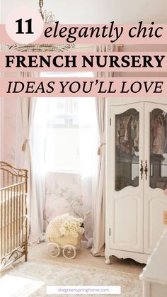 a baby's room with pink walls and white furniture, including a crib