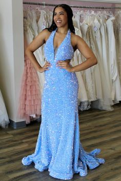 Sparkle like the stars in this gorgeous blue iridescent sequin halter dress! Feel confident and glamorous in the cutout detail and trumpet silhouette. Make a bold fashion statement at your next formal event with this stunning long prom dress. Customized Dress, Trumpet Prom Dress, Trumpet Silhouette, Sequin Halter Dress, Iridescent Dress, Iridescent Sequin, Sequins Fabric, Sequin Halter, Evening Dresses Cocktail