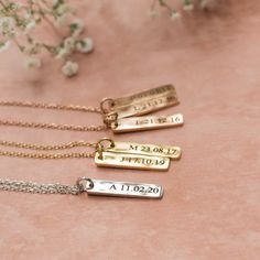 Wear your childrens initials on this stunning Initial Date Bar Necklace for the perfect way to keep them close. The perfect gift for any mum. Date Bar, Date Bars, Silver Bar Necklace, Disc Necklace, Birthstone Charms, Birthstone Necklace, Personalized Necklace, Bar Necklace, Initial Necklace