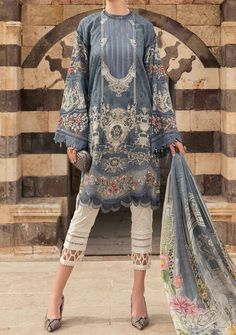 Maria B Embroidered Luxury Pakistani Lawn Dress. Resham Embroidery Midi Dresses, Festive Blue Dress With Embroidered Sleeves, Chikankari Embroidery Midi Dress, Festive Embroidered Midi Length Dress, Elegant Festive Dress With Multicolor Embroidery, Festive Long Sleeve Dress With Embroidered Sleeves, Elegant Resham Embroidered Dress, Long Sleeve Cotton Dress For Eid, Unstitched Dress With Multicolor Intricate Embroidery