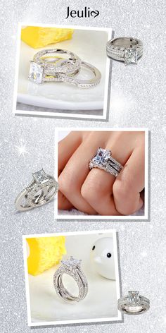 This eye-catching interchangeable ring set features an enchanting radiant cut stone and rows of smaller stones embellish the engagement ring in profile. Milgrain detailing along the ring's shank adds depth and dimension to this elegant design. Additional stones are set into the matching band. Gleaming with your love, this slender wedding set is a true reminder of your everlasting love. Sapphire Cubic Zirconia Jewelry In Radiant Cut, Gia Certified Sapphire Ring In Sterling Silver For Anniversary, Sterling Silver Rings With Radiant Cut Gia Certified, Gia Certified Emerald Cut Sapphire Ring In Sterling Silver, Gia Certified Sterling Silver Radiant Cut Ring, Sterling Silver Rings Set, Silver Ring Set, Radiant Cut, Elegant Ring