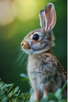 a close up of a small rabbit in the grass with trees and bushes behind it