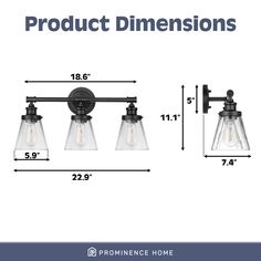 three light bathroom fixture with clear glass shades and measurements for the bulbs on each side