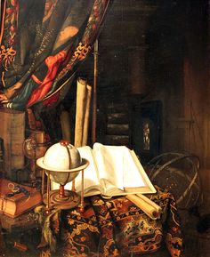 a painting of an open book on top of a table next to a lamp and bookshelf