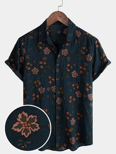 Men's Summer Floral Navy Blue Button Up Short Sleeve Cotton Shirt Cotton Shirt With Button Closure For Beach Season, Casual Beach Tops With Button Closure, Casual Button-up Shirt For Beach, Casual Hawaiian Shirt For Beach, Casual Beach Shirt With Button Closure, Black Casual Hawaiian Shirt For Spring, Casual Black Hawaiian Shirt For Spring, Casual Printed Hawaiian Shirt For Summer, Casual Summer Hawaiian Shirt Printed