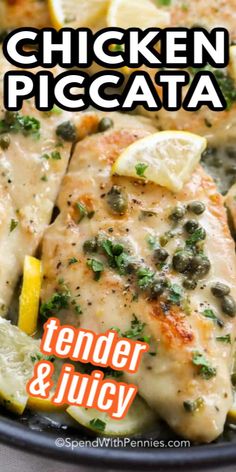 chicken piccata with lemons and capers in a skillet