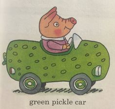 a drawing of a pig driving a green car with the words green pickle car on it