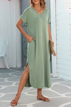 This t-shirt dress is very soft breathable and lightweight cozyIt features a maxi length made that's very flattering and gracefulSexy v neck, short sleeves, side pockets and splitsThis maxi dress is suitable for daily, casual and workMade In: ChinaFabric Contents: 100%Polyester Plus Size Pajamas, Short Sleeve Maxi Dresses, Mens Fashion Fall, Lightweight Dress, Maxi Dress Formal, Grass Green, Side Splits, Hidden Pocket, Black Shirt Dress