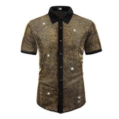 This stylish short-sleeved button-down shirt features a sheer mesh design with a shiny pattern that exudes charm and fashion. The see-through quality adds a touch of charm, making it a perfect choice for various occasions such as weddings, clubbing, or late-night outings. Pair this unique shirt with sleek leather pants to elevate your look. Unlike ordinary shirts, the contrasting color design of this shiny shirt adds a fashionable twist to your ensemble. Get this trend of metallic shirts as they Gold Button-up Shirt For Party, Fitted Short Sleeve Party Shirt, Gold Shirt For Summer Party, Fitted Gold Shirt For Summer, Party Short Sleeve Shirt, Fitted Short Sleeve Shirt For Party Season, Party Season Short Sleeve Shirt, Gold Party Shirt For Summer, Fitted Gold Shirt For Night Out