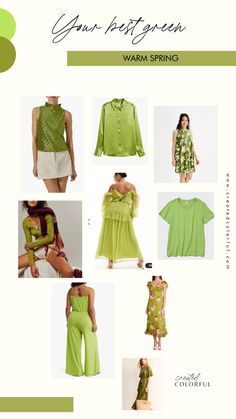 Spring is here, and so are the colors some of us tend to avoid 😅 . Have you written off wearing green? It’s all about finding the best shade for your features, friend!    A Warm Spring would rock these shades of green!  Don’t know your surface tones, undertone tones or best colors? We do virtual color analysis! Spring Color Analysis Outfits, True Spring Color Palette Clothes, Outfit Color For Warm Skin Tone, Warm Spring Color Palette Clothes, Soft Summer Green Colour Palettes, Warm Spring Wardrobe, True Summer Green, Spring Warm Outfits, Warm Spring Color Palette Outfits