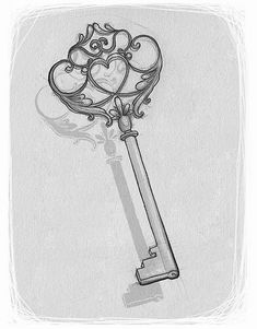 a drawing of an old key with hearts on it's end and the word love written