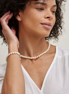 A classic strand of pearls with matching stud earrings is more than just a welcomed addition to your jewelry box  its a veritable staple to be cherished for a lifetime. Our Freshwater Pearl Necklace and earrings set features stunning white round pearls, with a discreet and luminous luster that is suitable both for your daytime and night-time outfits.

Customize your pearl set with the desired necklace length, pearl quality, clasp and earring backing type for a unique, personalized gift, ideal Night Time Outfits, Pearl Necklace And Earrings, Strand Of Pearls, Freshwater Pearl Jewelry, Pearl Necklace Earrings, Pearl Jewelry Sets, Buy Necklace, Freshwater Pearl Bracelet, Necklace And Earrings Set