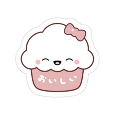 a sticker with an image of a cupcake on it's face and the words hello kitty written in japanese