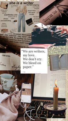 a collage of photos with words and pictures on them, including an old typewriter