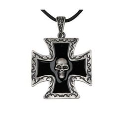 Skull W/ Black Cross Pendant Skull Print Gothic Jewelry For Streetwear, Gothic Black Crucifix Cross Necklace, Gothic Metal Cross Necklace, Gothic Skull Jewelry For Biker Events, Gothic Black Cross Pendant Necklace, Black Edgy Skull Necklace, Black Skull Necklace In Edgy Style, Black Gothic Jewelry With Skull Print, Black Skull Print Jewelry For Streetwear