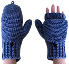 a pair of blue knitted gloves with thumb holes