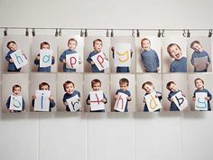 a group of children holding up pictures with the letters p and o on them hanging from hooks