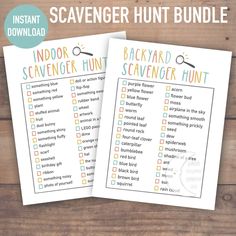 the printable scavenger hunt bundle is shown on top of a wooden table