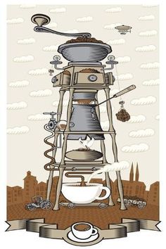 an old coffee maker with the city skyline in the background, as well as other items