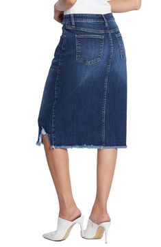 Soft denim with a hint of stretch is crafted into this versatile midi-length skirt finished with a feathery fringed hem. 96% cotton, 3% polyester, 1% spandex Machine wash, tumble dry Imported Straight Leg Skirt With Frayed Hem For Fall, Spring Pencil Skirt With Frayed Hem, Fitted Denim Pencil Skirt With Frayed Hem, Chic Mid-rise Skirt With Frayed Hem, Fitted Pencil Skirt With Frayed Hem, Dark Wash Knee-length Bottoms With Frayed Hem, Knee-length Medium Wash Bottoms With Frayed Hem, Fall Medium Wash Skirt With Frayed Hem, Knee-length Denim Blue Skirt With Frayed Hem