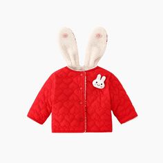 Bundle up your little one in adorable style with our Rabbit Ear Girl Winter Coat! Perfect for the chilly months, this cute and cozy coat is a must-have for any fashion-forward toddler. Featuring delightful rabbit ear details on the hood and a charming little rabbit decorative panel, this coat brings fun and fashion together. Ensuring your child stays comfortable and mobile during outdoor play or any winter adventure. Imagine your little girl wrapped in this sweet and simple solid color coat, tur Cute Cotton Warm Outerwear, Cute Warm Cotton Outerwear, Red Outerwear For Playtime In Fall, Red Outerwear For Fall Playtime, Cute Winter Outerwear For Playtime, Playful Red Long Sleeve Outerwear, Red Cotton Outerwear For Playtime, Girls Coats Winter Children, Adorable Style