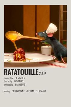 a poster for ratatoulie 2007 with a mouse eating food