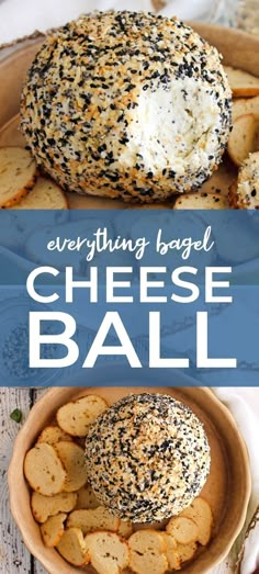 everything bagel cheese ball in a bowl with crackers