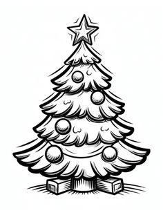 a black and white drawing of a christmas tree with stars on it's top