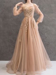 Customizable Length Evening Dress For Wedding And Prom, Beige Floor-length Prom Dress, Beige Prom Season Dress, Beige Prom Season Evening Dress, Beige Ball Gown Dress For Prom, Full Length Prom Dress With Sheer Bodice, Sheer Bodice Full Length Prom Dresses, Beige Evening Dress For Banquet And Prom, Beige Evening Dress For Banquet And Prom Season