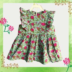 Classic girls dress with ruffle on front and back and gathered skirt . Pretty and soft cotton hand block print . Wear it stylishly. Features back opening  Garment Sizing for relaxed fit  12 M : chest - 22 inches ; length - 17 inches 18M : chest - 23 inches ; length - 18 inches 2T : chest - 24 inches ; length - 19 inches 3T : chest - 25 inches ; length - 20inches 4T : chest - 26inches ; length - 21 inches 5T : chest - 27 inches ; length - 22 inches 6T : chest - 28inches ; length - 23.5 inches 7T Green Cotton Dress With Ruffle Hem, Cotton Ruffle Dress With Flutter Sleeve, Casual Cotton Ruffle Dress With Flutter Sleeves, Sleeveless Cotton Ruffle Dress With Ruffle Hem, Cute Cotton Floral Dress For Garden Party, Pink Cotton Ruffle Dress For Summer, Green Cotton Flutter Sleeve Dresses, Pink Cotton Ruffle Dress With Ruffle Hem, Cute Multicolor Cotton Floral Dress