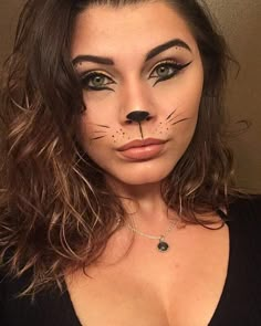 DIY Cat Halloween Costume Makeup Idea #halloweenmakeup #halloween #catmakeup Makeup For Cat Costume, East Cat Makeup Halloween, Woman’s Cat Costume, Kitten Halloween Costume For Women, Womens Cat Costume Diy, Adult Cat Makeup, Kitty Cat Costume Women, Kitty Cat Makeup Halloween, Last Minute Cat Costume