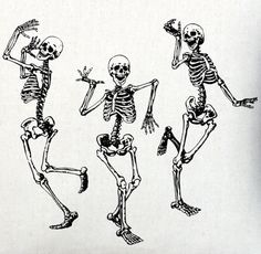 three skeletons dancing in different positions on a white pillow cover, one is black and the other is white