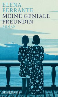 two people standing next to each other in front of a body of water with the words meine geniale freundin on it