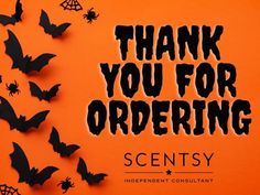 the words thank you for ordering on an orange background with black bats and spider webs