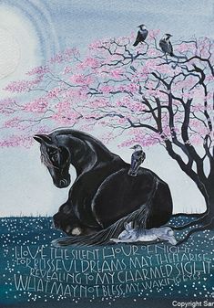 a painting of a horse sitting under a tree with birds perched on it's back