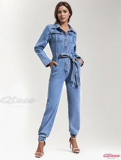 Qteee - Casual Slim-Fit Denim Jumpsuit High Rise Stretch Cotton Denim Jumpsuit, Stretch Cotton High-rise Denim Jumpsuit, Stretch Cotton Denim Jumpsuit In High Rise, Stretch Cotton Denim Jumpsuit High Rise, Casual Stretch Denim Jumpsuit, Casual Stretch Denim Jumpsuit With Pockets, Stretch Denim Jumpsuit Casual Style, Stretch Denim Jumpsuit With Pockets For Spring, Spring Denim Jumpsuit With Stretch And Pockets