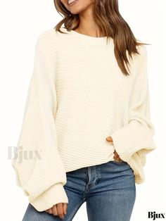 Bjux - Premium Womens Solid Oversized Crew Neck Sweater with Casual Batwing Sleeves and Slouchy Pullover Design Oversized Acrylic Crew Neck Top, Oversized Long Sleeve Acrylic Top, Oversized White Acrylic Top, White Batwing Sleeve Top For Winter, Cream Batwing Sleeve Sweater For Fall, Seasons Winter, Pullover Designs, Batwing Sleeve, Bat Wings