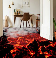 the floor is covered in red and black fire that looks like it's going to burn