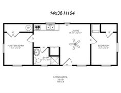 the floor plan for a two bedroom cabin with an attached kitchen and living room area