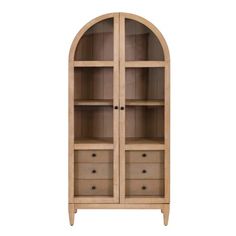 an arched wooden cabinet with drawers on the front and bottom shelves, in light wood